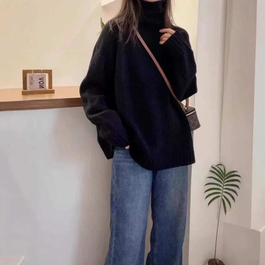 Women's loose turtleneck sweater with thick curling pile collar in red camel grey black colours