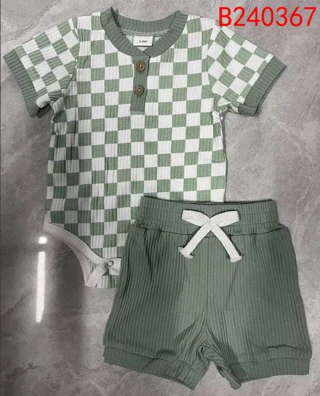 Baby boy cotton two-piece romper set with polo collar and plaid triangle pattern, available in green blue brown black