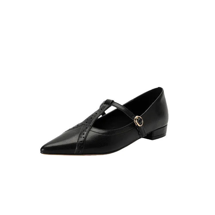Women's brown cowhide pointed toe flat shoes with metal accents and soft sole