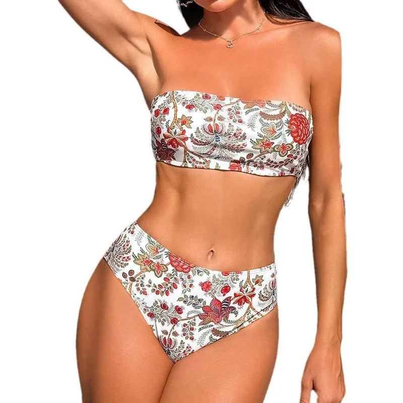 Women's printed bandeau swimsuit two-piece set with triangle top and matching shorts