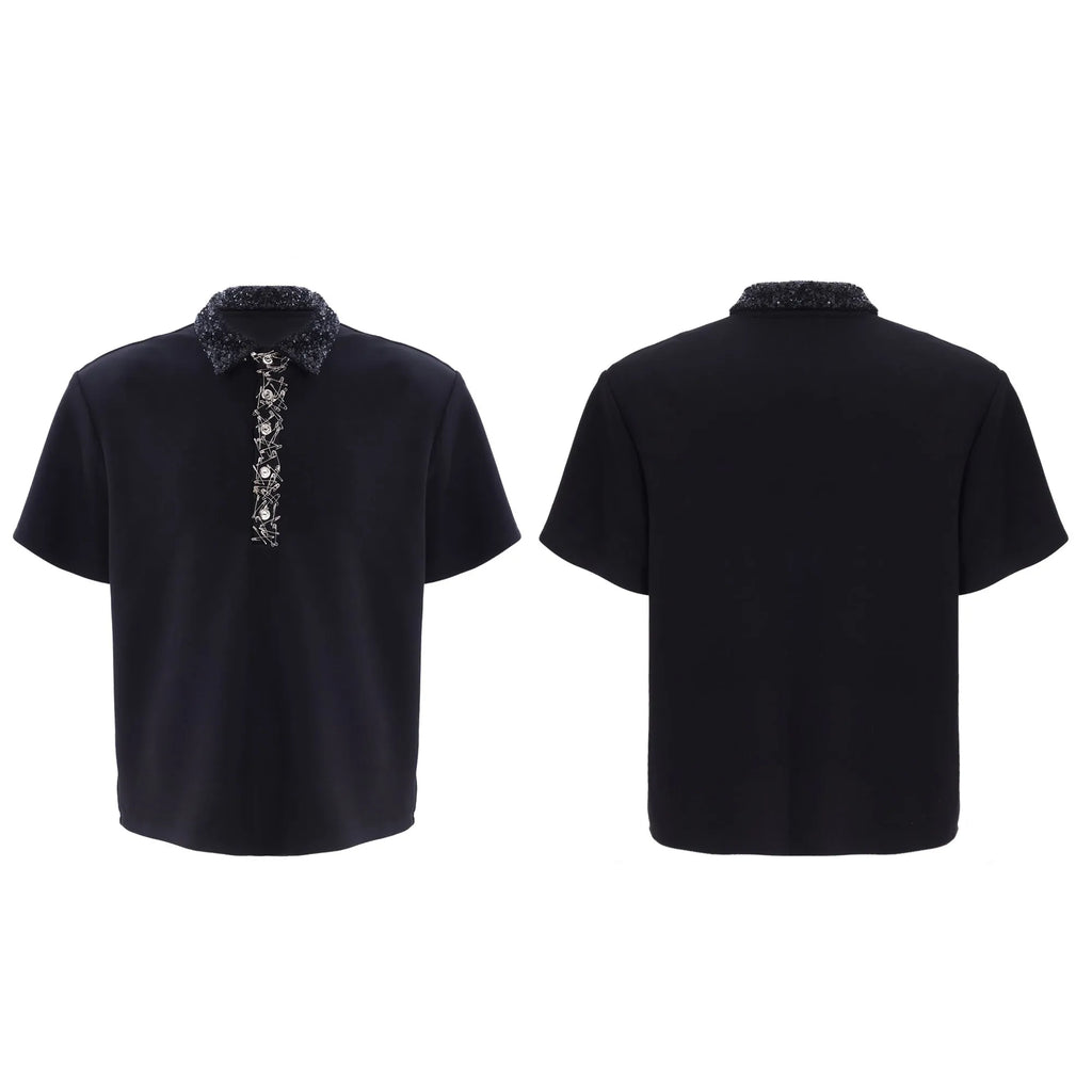 Men's square collar polo t-shirt with embroidery sequins design in black, grey or white