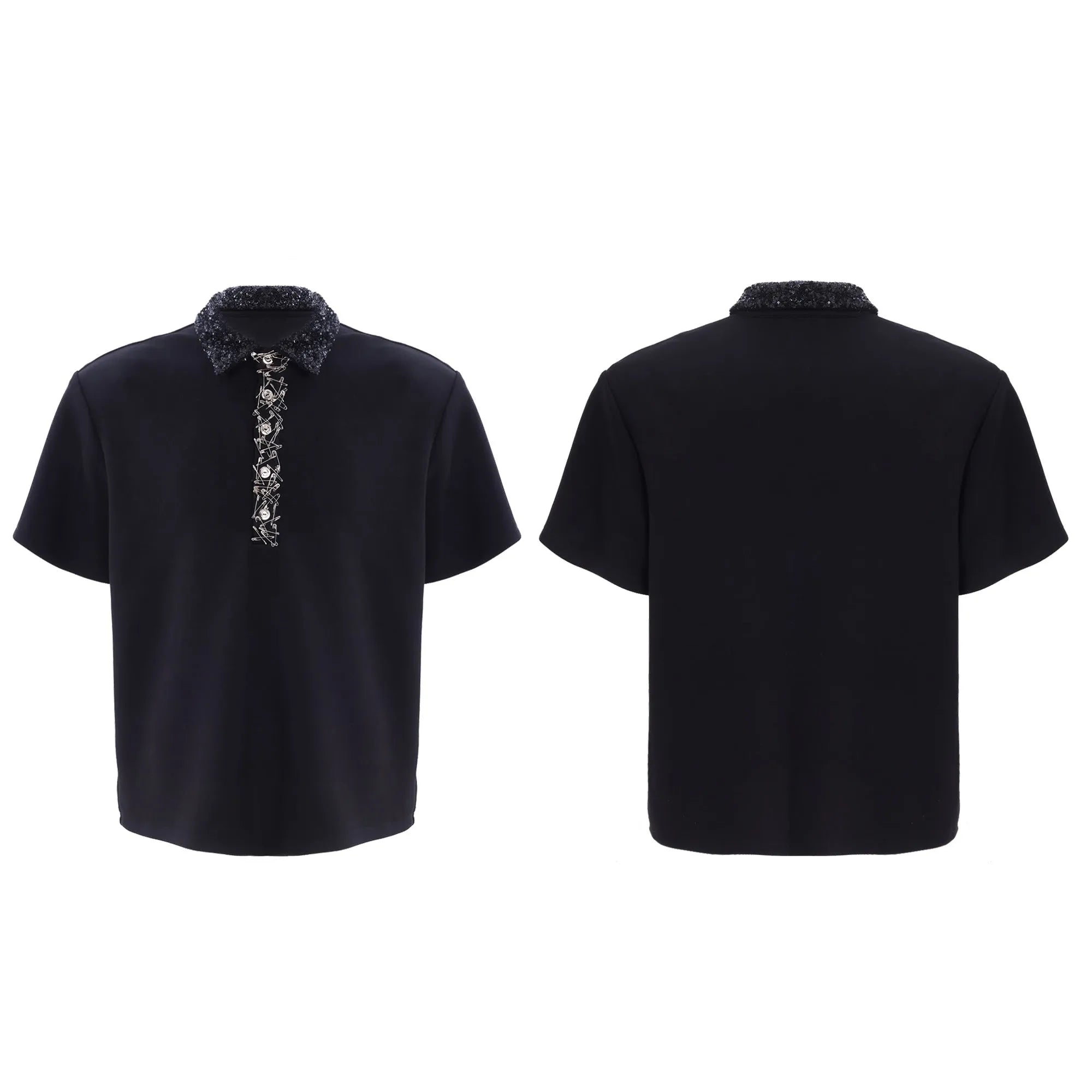 Men's square collar polo t-shirt with embroidery sequins design in black, grey or white