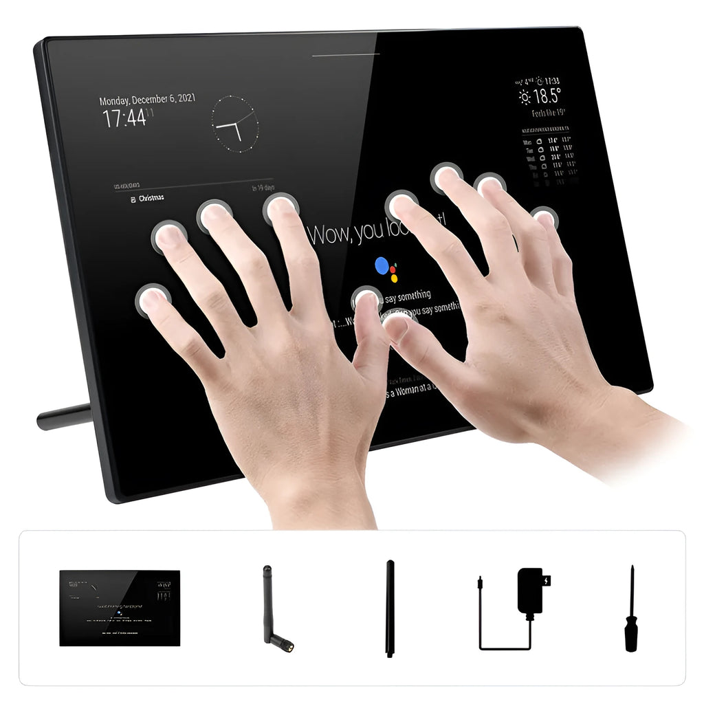 13.3-inch integrated touchscreen display unit with Raspberry Pi CM4 computer for voice assistant applications.