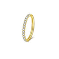 Close-up of a seamless round stainless steel nose ring with a diamond finish, showing colour options including gold, rose gold, and black.
