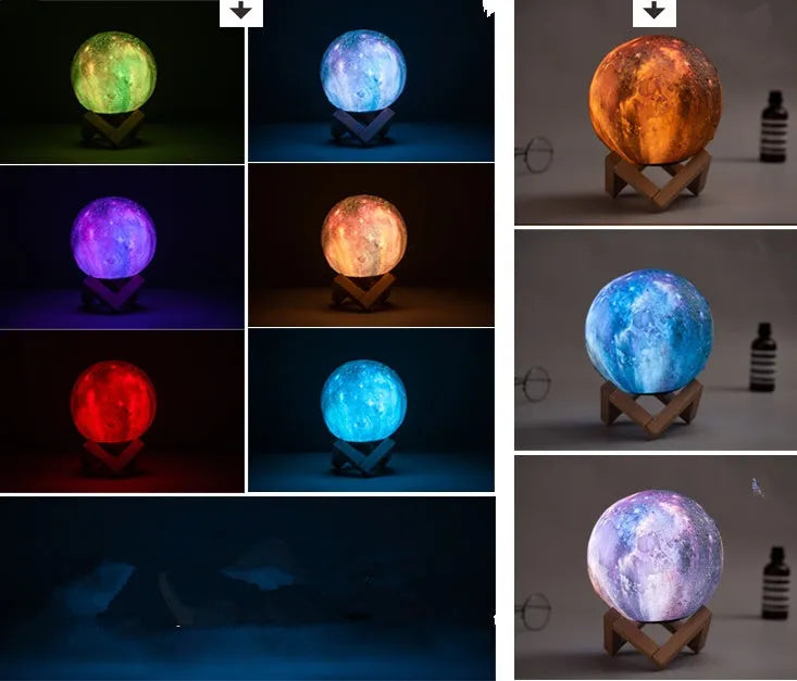 3D printed spherical moon night light with colour changing LED glow on a dark surface.