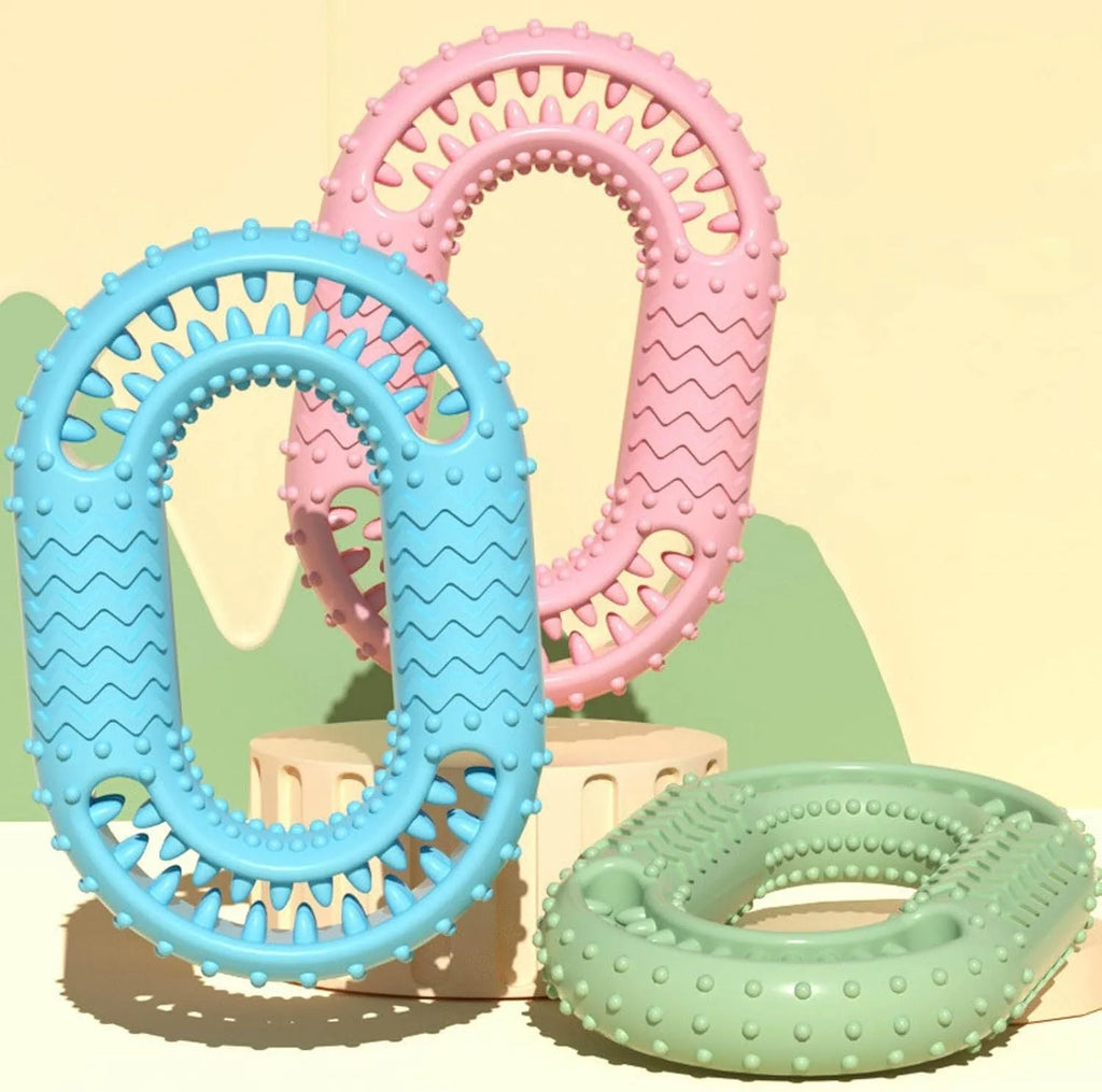 O-ring shaped dog chew toy for aggressive chewers in blue, green and pink colour options