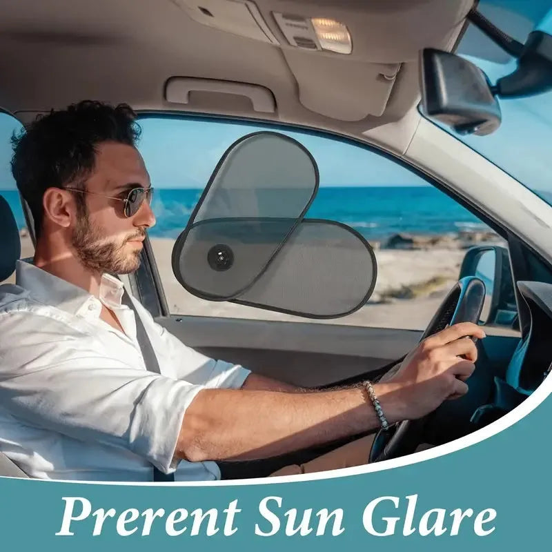 Black stretchy car side window sun shade attached with suction cups, showing adjustable coverage.