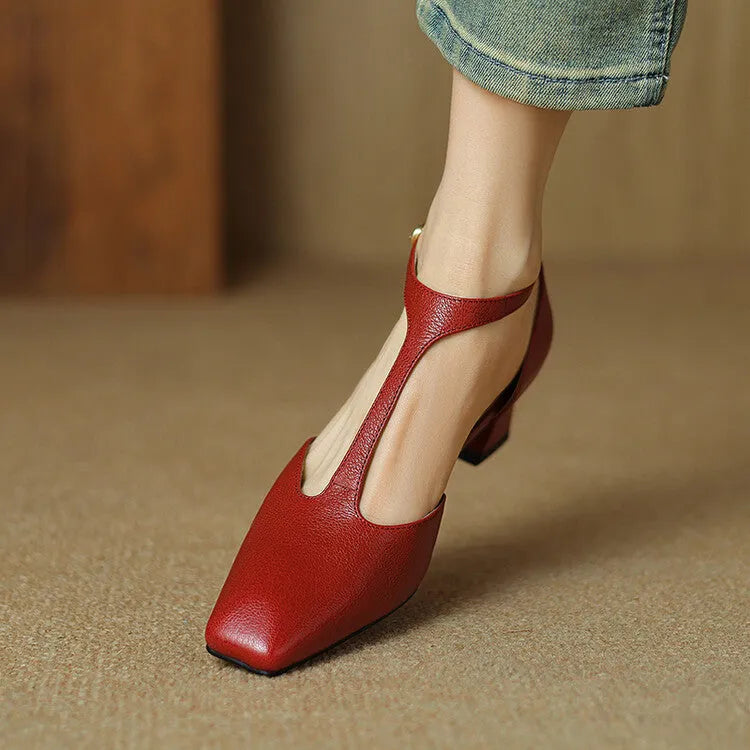 Women's wine red sheepskin leather square toe chunky heel shoes with buckle fastening and decorative sewing lines