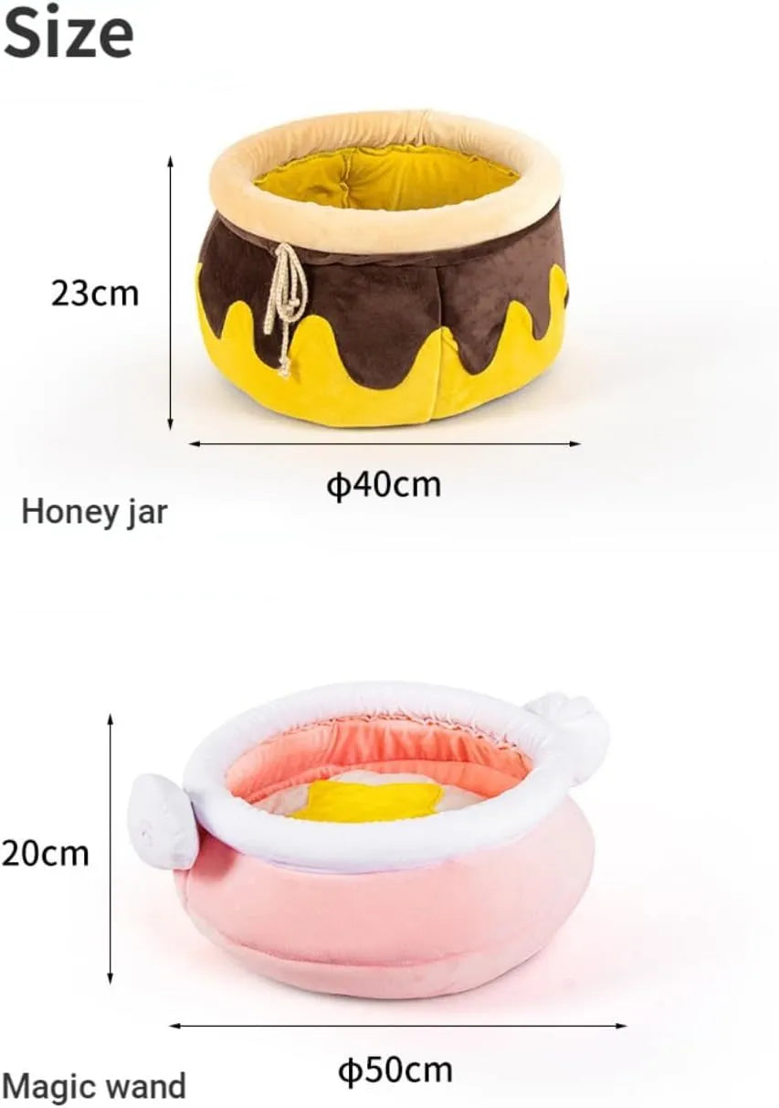 Honey pot shaped cat sofa bed with magic wand design in pink colour for small pets