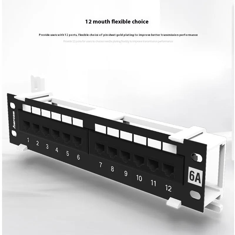 Black 12-port unshielded network distribution frame made of cold rolled steel, shown with screws and routing knife.