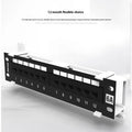 Black 12-port unshielded network distribution frame made of cold rolled steel, shown with screws and routing knife.