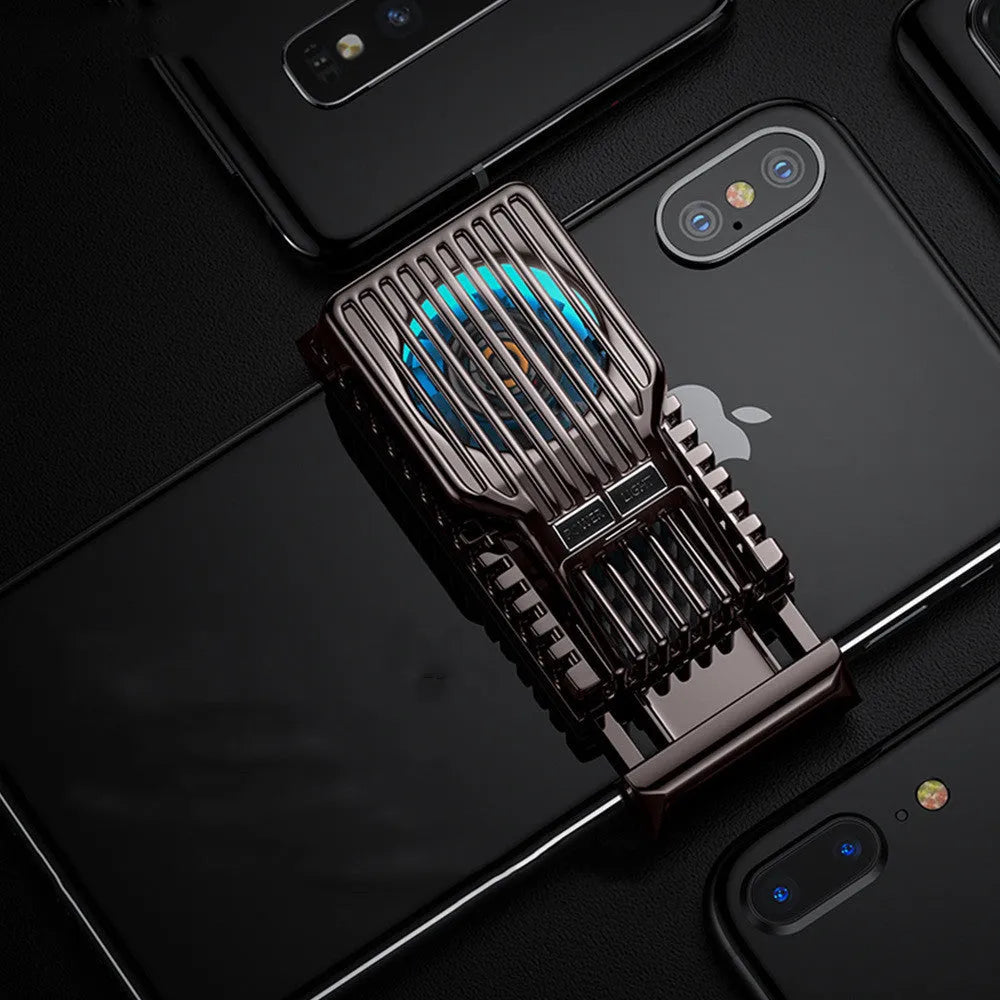 Black mobile phone cooling radiator with clip, shown next to a data cable on a white background.