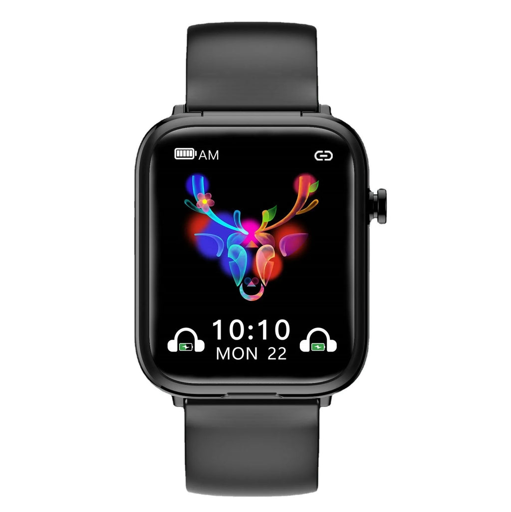 Black all-touch smartwatch with zinc alloy body and integrated Bluetooth earpieces on a wrist