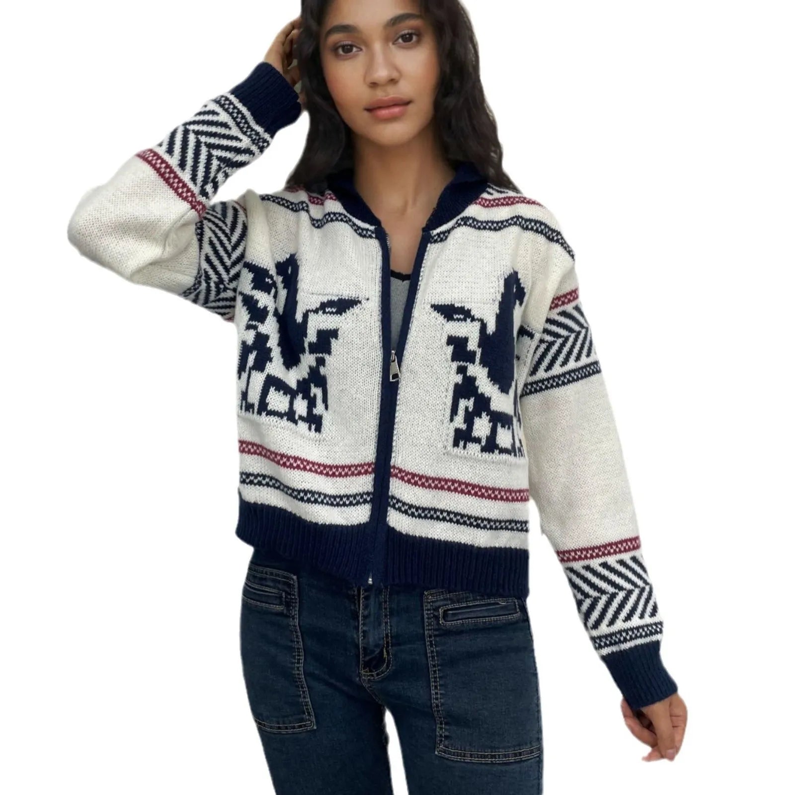 White women's cardigan with front zip, lapel collar, and jacquard contrast stripe pattern.