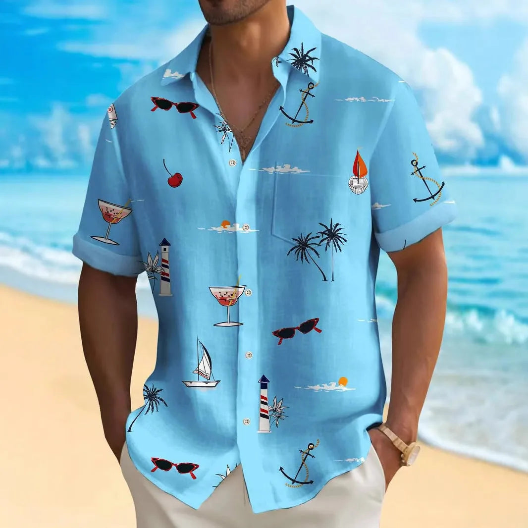 Men's loose fit Hawaiian shirt with digital printing pattern on polyester fabric