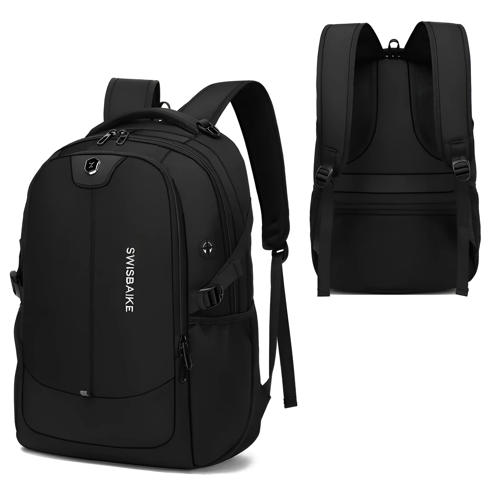 Men's black Oxford cloth waterproof large capacity backpack with curved shoulder straps for travel