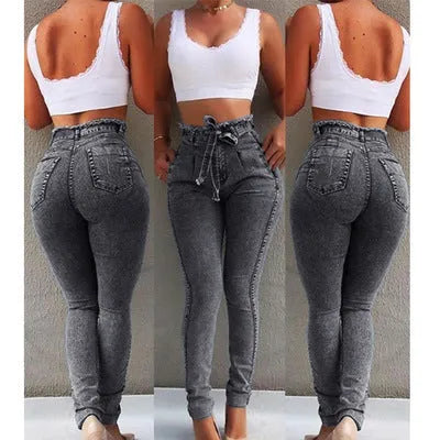 Women's fringed jeans in distressed Cowboy denim with frayed hem detailing in grey, dark blue, or light blue