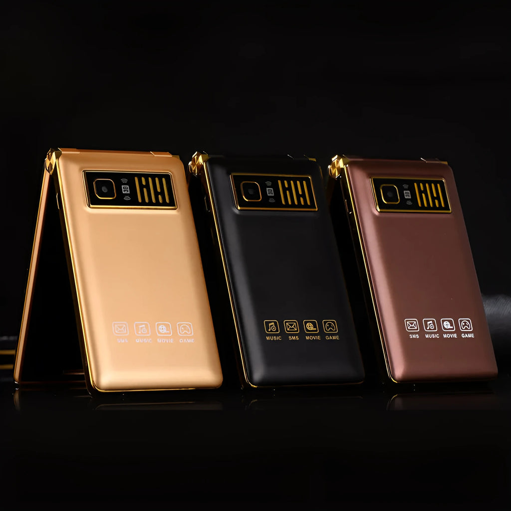A15 black flip phone open showing large touch screen and external small display.