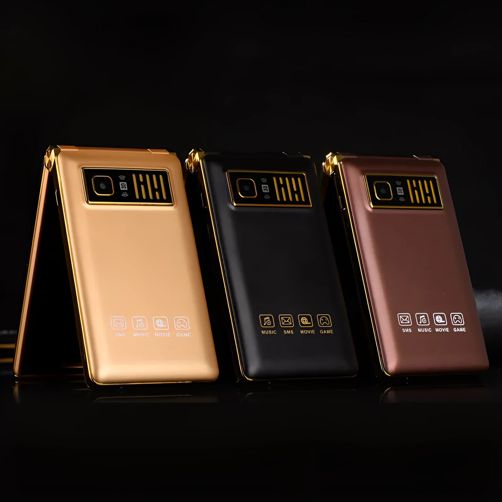 A15 black flip phone open showing large touch screen and external small display.