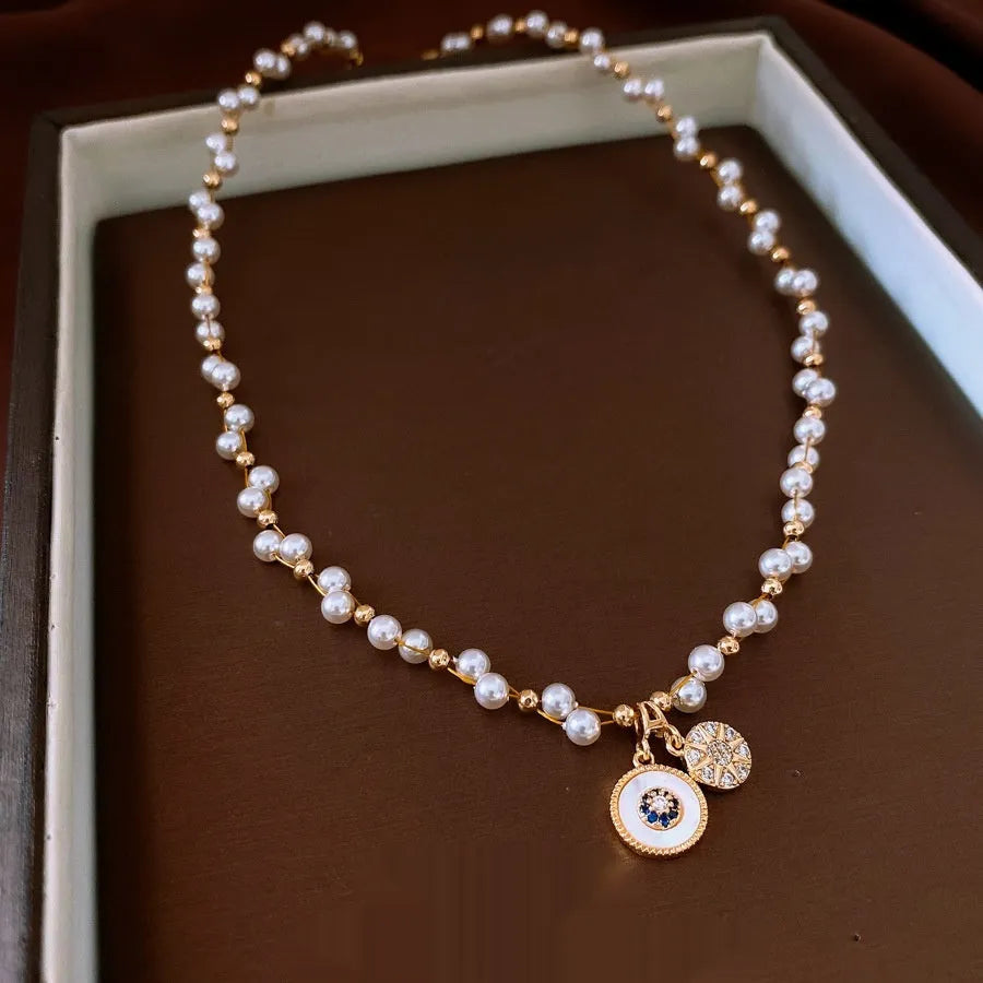 Gold electroplated zircon pearl pendant necklace on clavicle chain with adjustable 41-50cm length