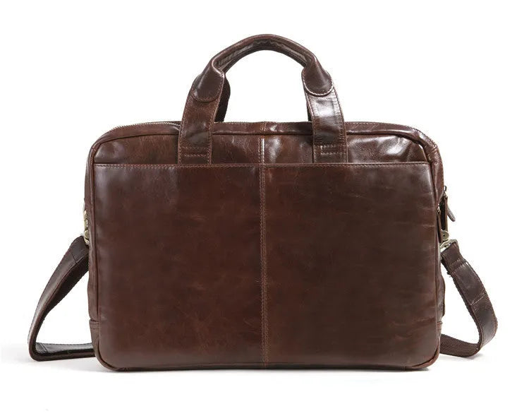 Brown men's business briefcase computer bag made from first layer cowhide leather with 18-inch dimensions