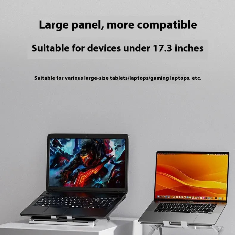 Silver aluminium alloy folding laptop cooling stand on a wooden desk.