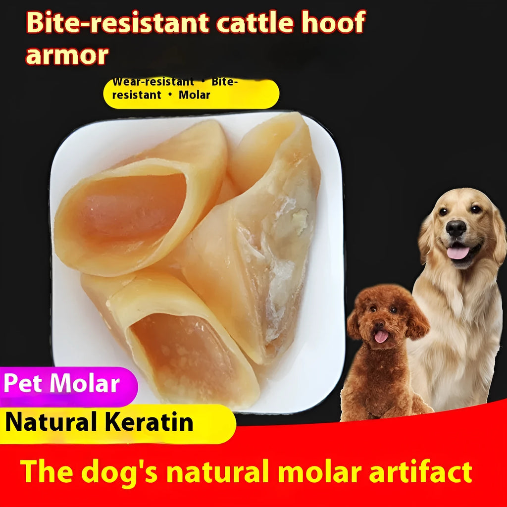 Natural cowhide dog chew bone in hoof shell colour for small and large breed dogs.