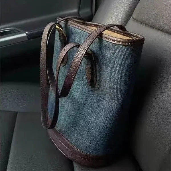 Denim colour patchwork one-shoulder bucket handbag with large capacity