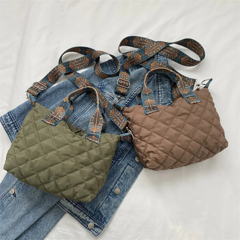 Soft Oxford cloth shoulder messenger bag in horizontal square design with single strap and sandwich pocket