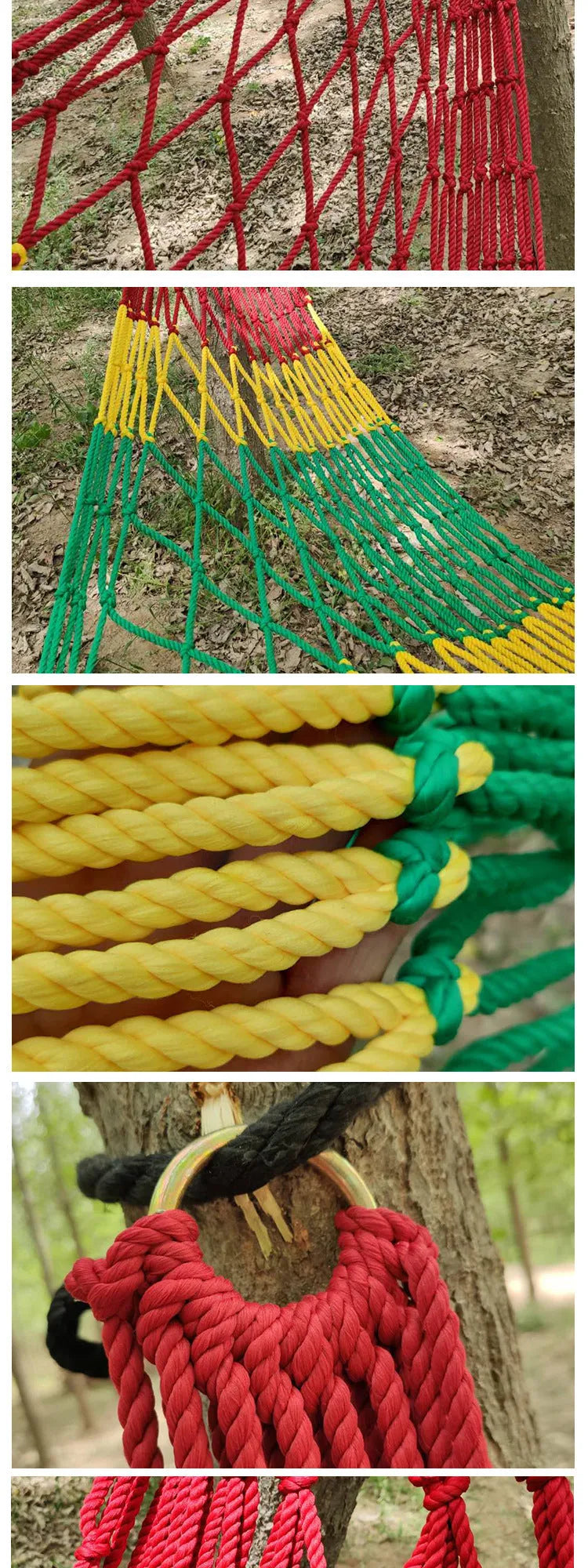 Nylon rope mesh hammock showing 1.1m width and 2.1m length dimensions for outdoor use