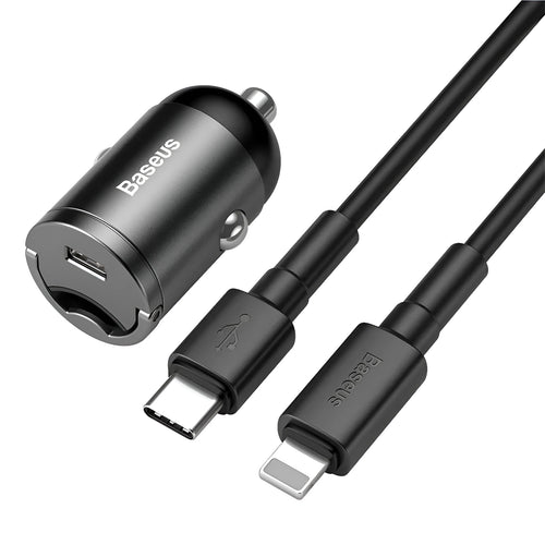 Grey 30W PPS fast car charger with 1 metre USB cable for mobile phones