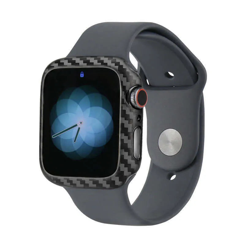 Apple Watch Series 4 44mm case in black carbon fibre leather design, showing ultra-thin half-wrap profile