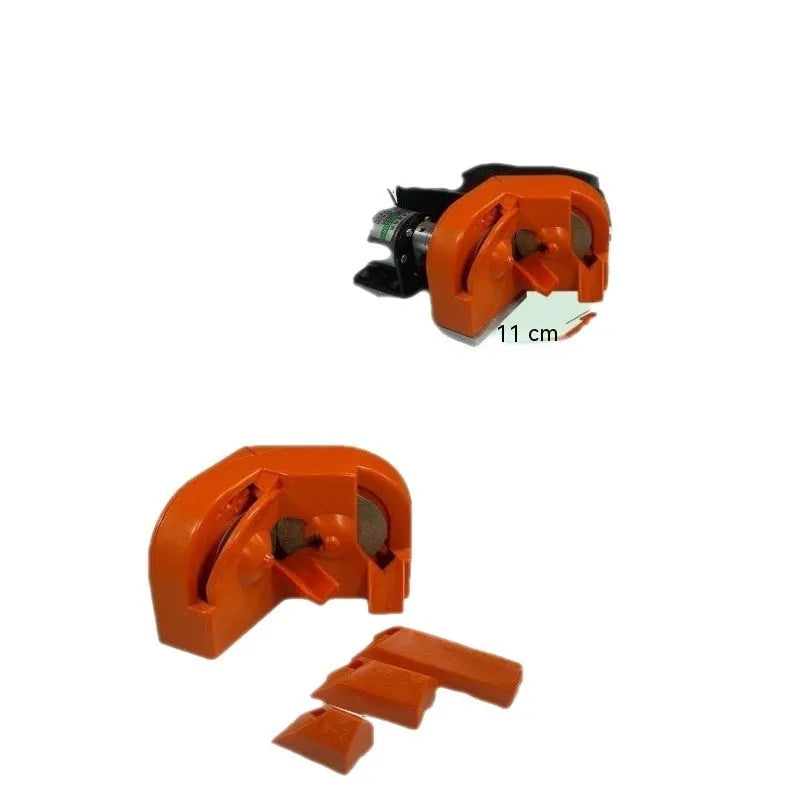 Portable electric sander with orange and black grinding wheels for metal and wood polishing