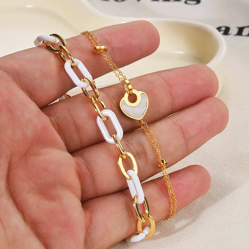 Women's stainless steel resin heart bracelet with double layers and electroplated finish