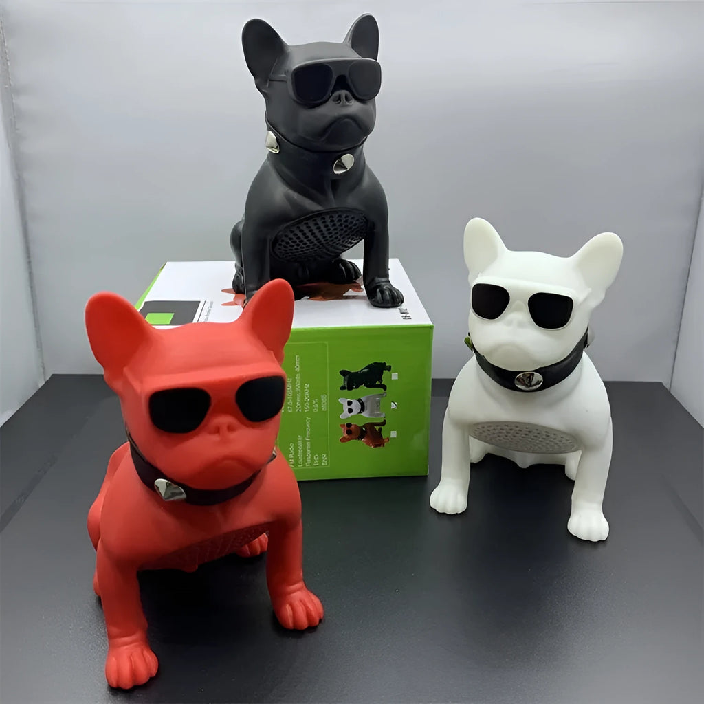 Mini full body bulldog Bluetooth speaker in three colour options showing dimensions
