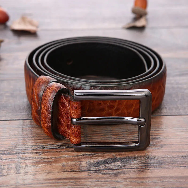 Men's imitation leather business belt with alloy pin buckle in elephant pattern design