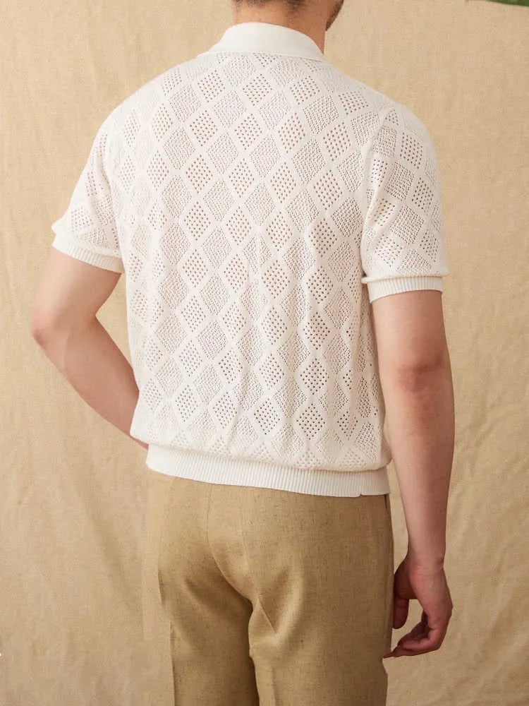 Men's light brown cotton lapel cardigan with zipper closure and short sleeves