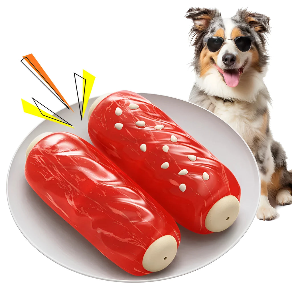 Primary colour plastic dog chew toy shaped like a rod with a glue toothbrush snack design.