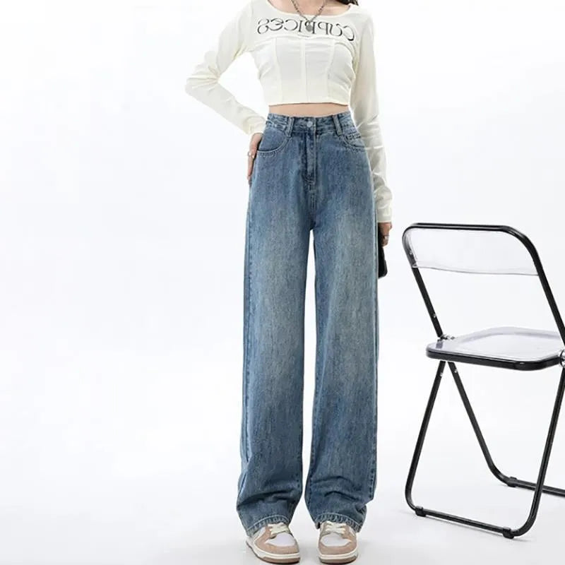 Women's retro blue wide leg jeans with high waist and straight leg cut