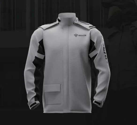 Motorcycle rain suit with split jacket, rain pants, shoe covers and storage bag