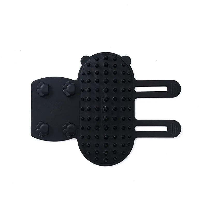 Silicone cat grooming massage comb with rounded teeth and adjustable mounting strap in assorted colours