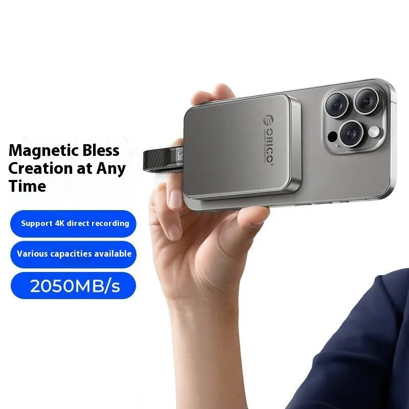 Grey magnetic mobile SSD portable solid state drive with ultra-thin design for phones and computers