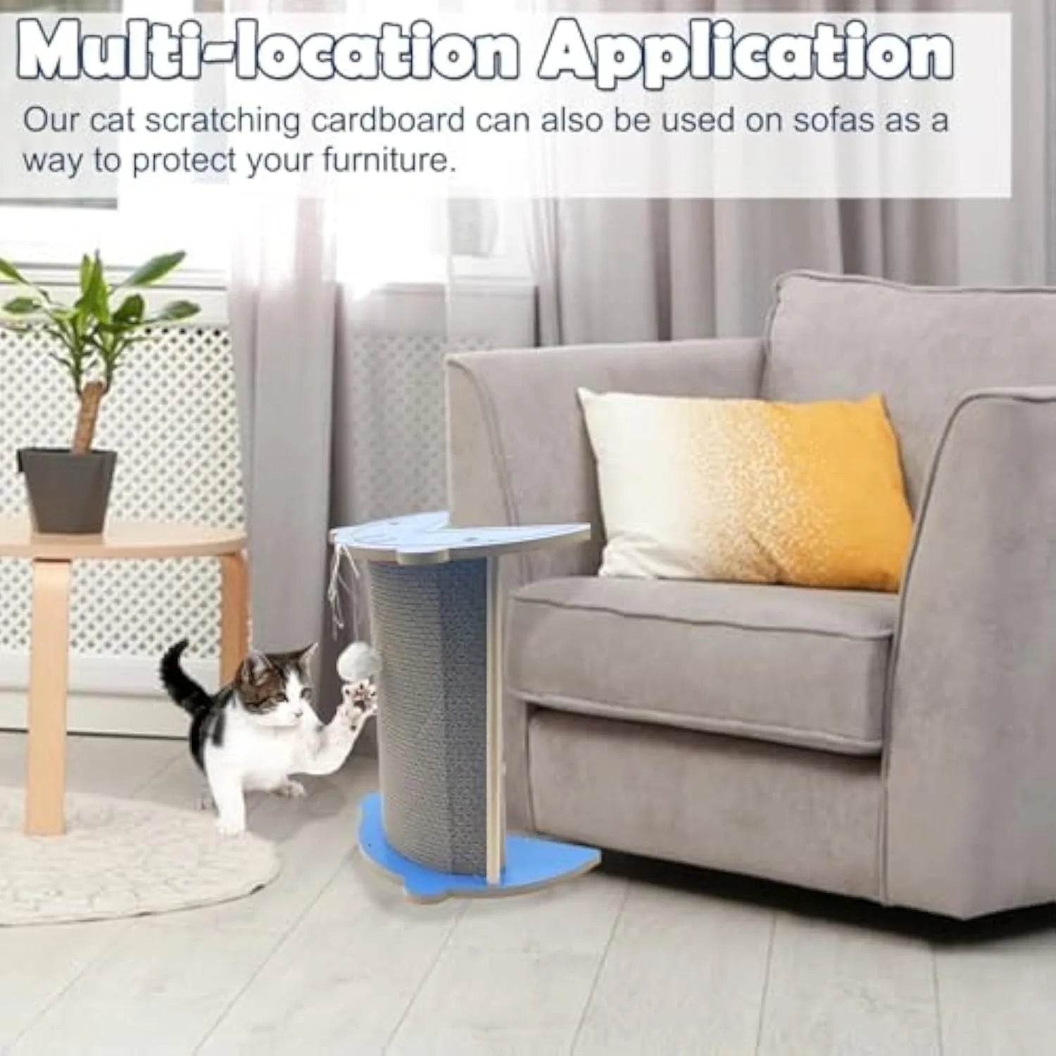 Grey cardboard cat corner scratching post with hanging yellow ball in a room corner.