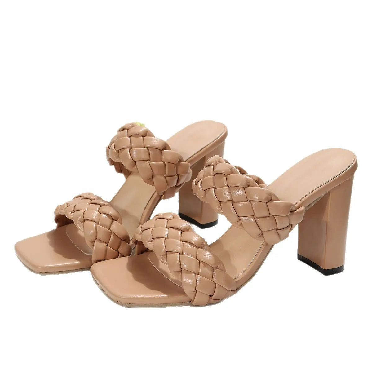 Apricot and white square toe flip-flops with a chunky heel and woven twisted straps