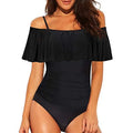 Black one-piece swimsuit with ruffled straps and side cut-out details