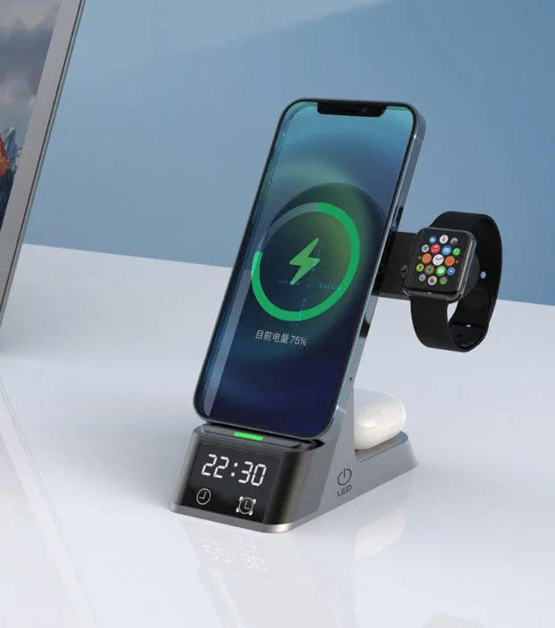 Black six-in-one wireless charger alarm clock with Type-C input charging Apple Watch and phone on desk