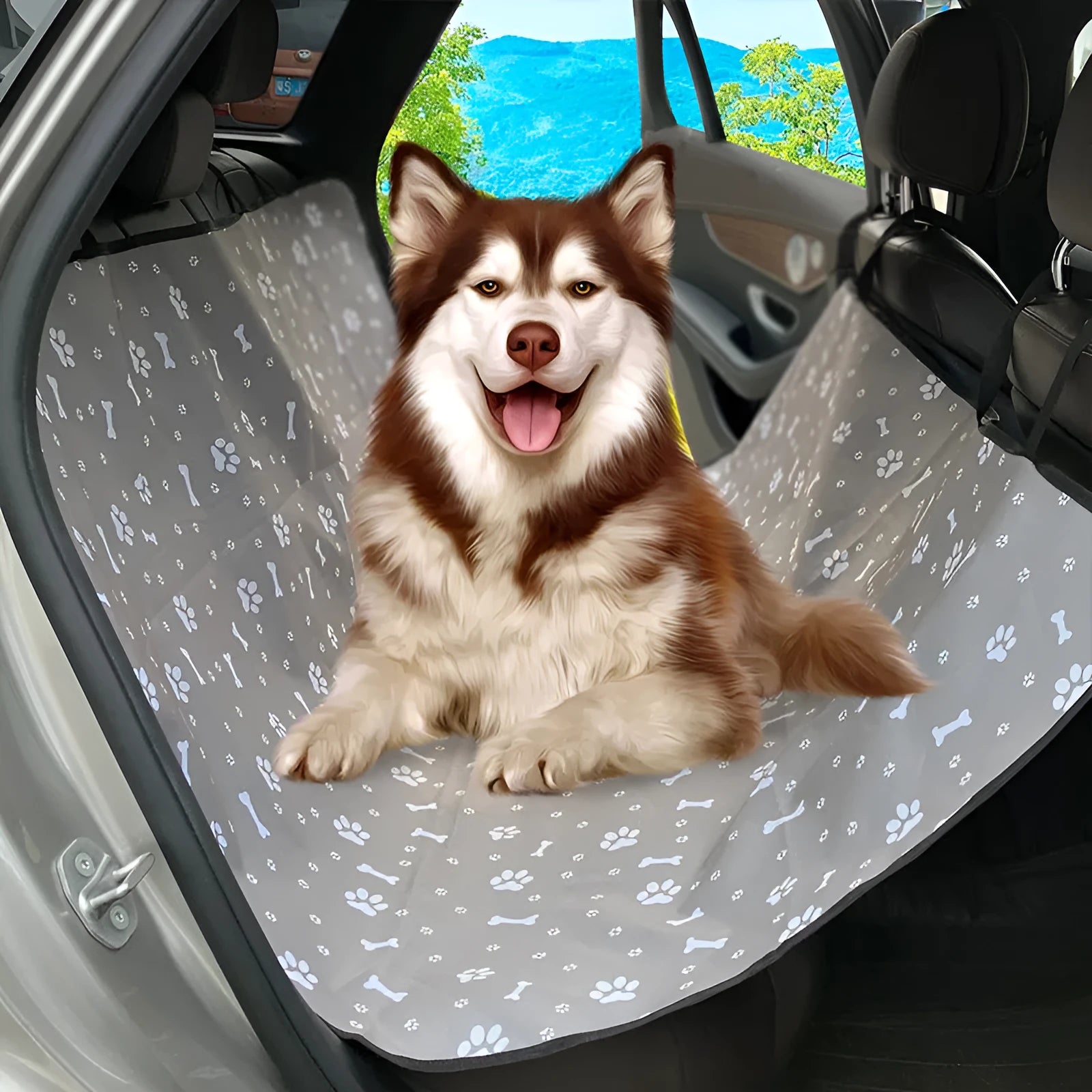 Car pet mat covering rear seat with water resistant cloth material in choice of colours and paw print designs