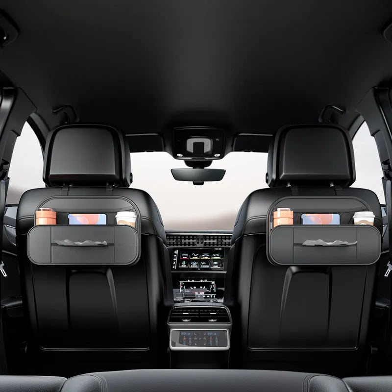 Black leather car seat rear storage bag showing dimensions and compartments for vehicle organisation