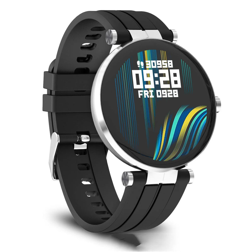 Black smart watch with heart rate monitor on a silicone wrist strap, showing the 1.3-inch display.