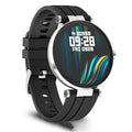 Black smart watch with heart rate monitor on a silicone wrist strap, showing the 1.3-inch display.